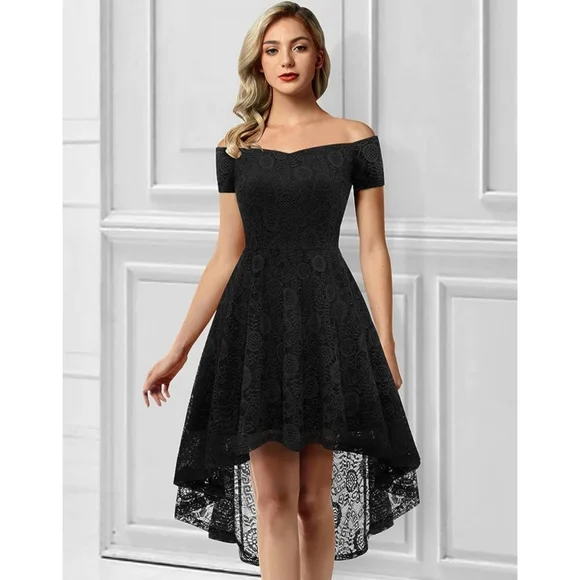 Off The Shoulder Short Sleeve High Low Lace Dress - Picture 1 of 10